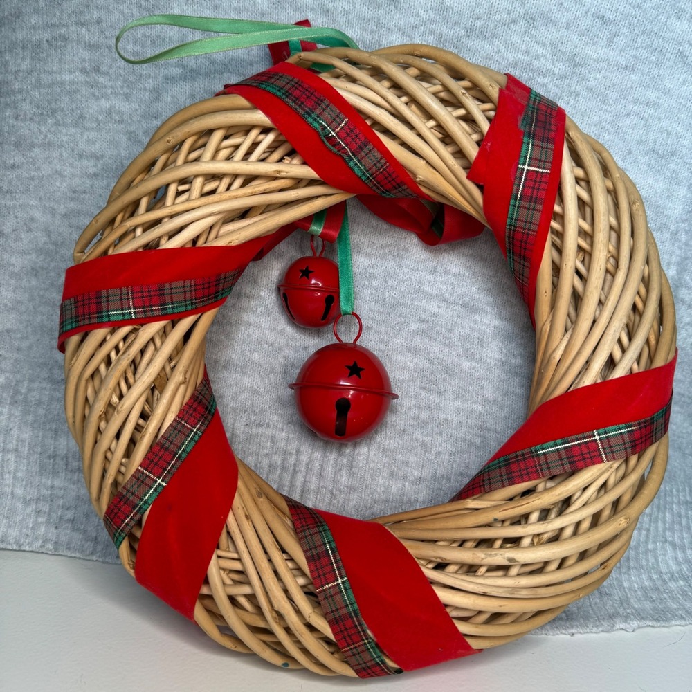 Wicker Christmas Wreath Red Green Plaid Ribbon Jingle Bells Holiday Decor - Picture 3 of 5